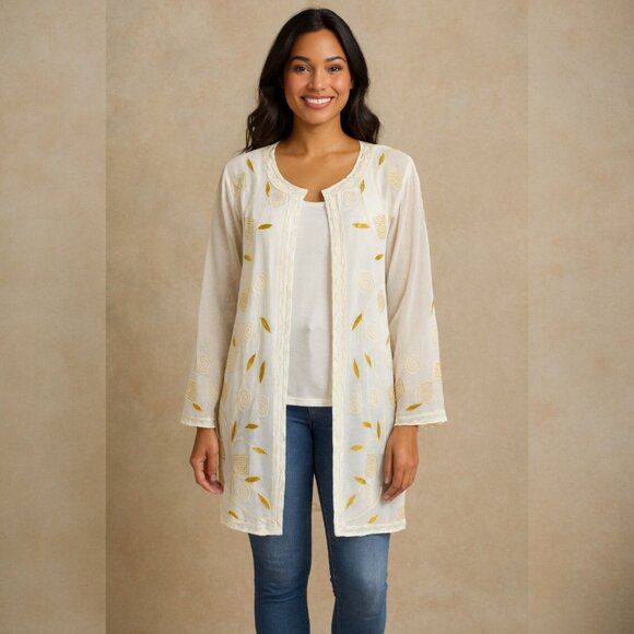 Ivory Sheer Beaded Kimono Jacket Boho Embroidered Ethereal Coquette Resort SZ M - Picture 1 of 10